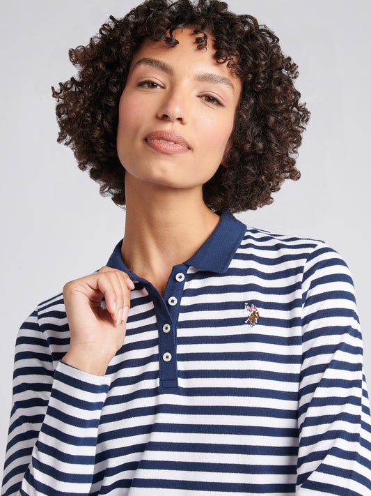 Womens Long Sleeve Stripe Contrast Collar Polo Shirt in Navy Iris