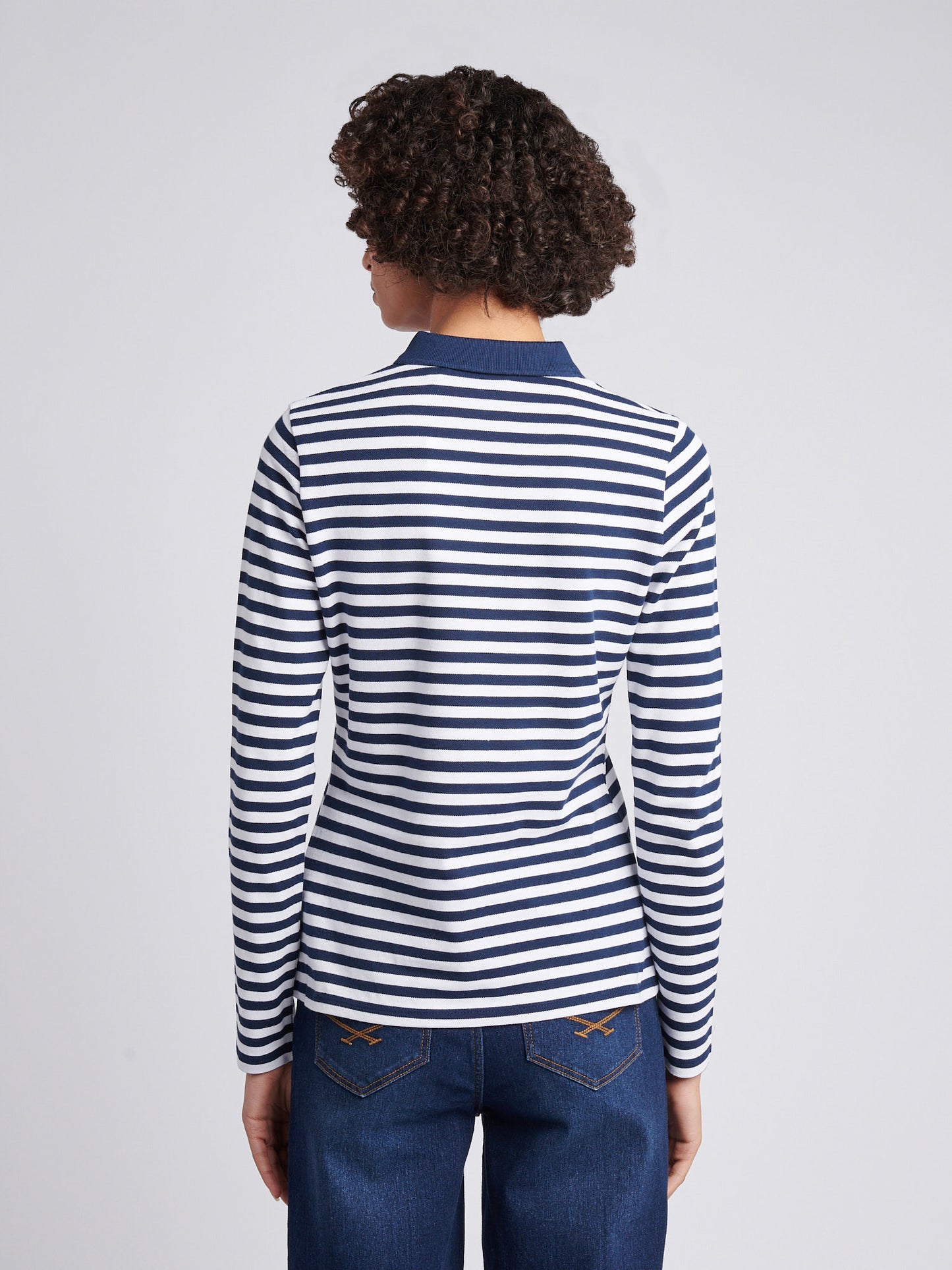 Womens Long Sleeve Stripe Contrast Collar Polo Shirt in Navy Iris