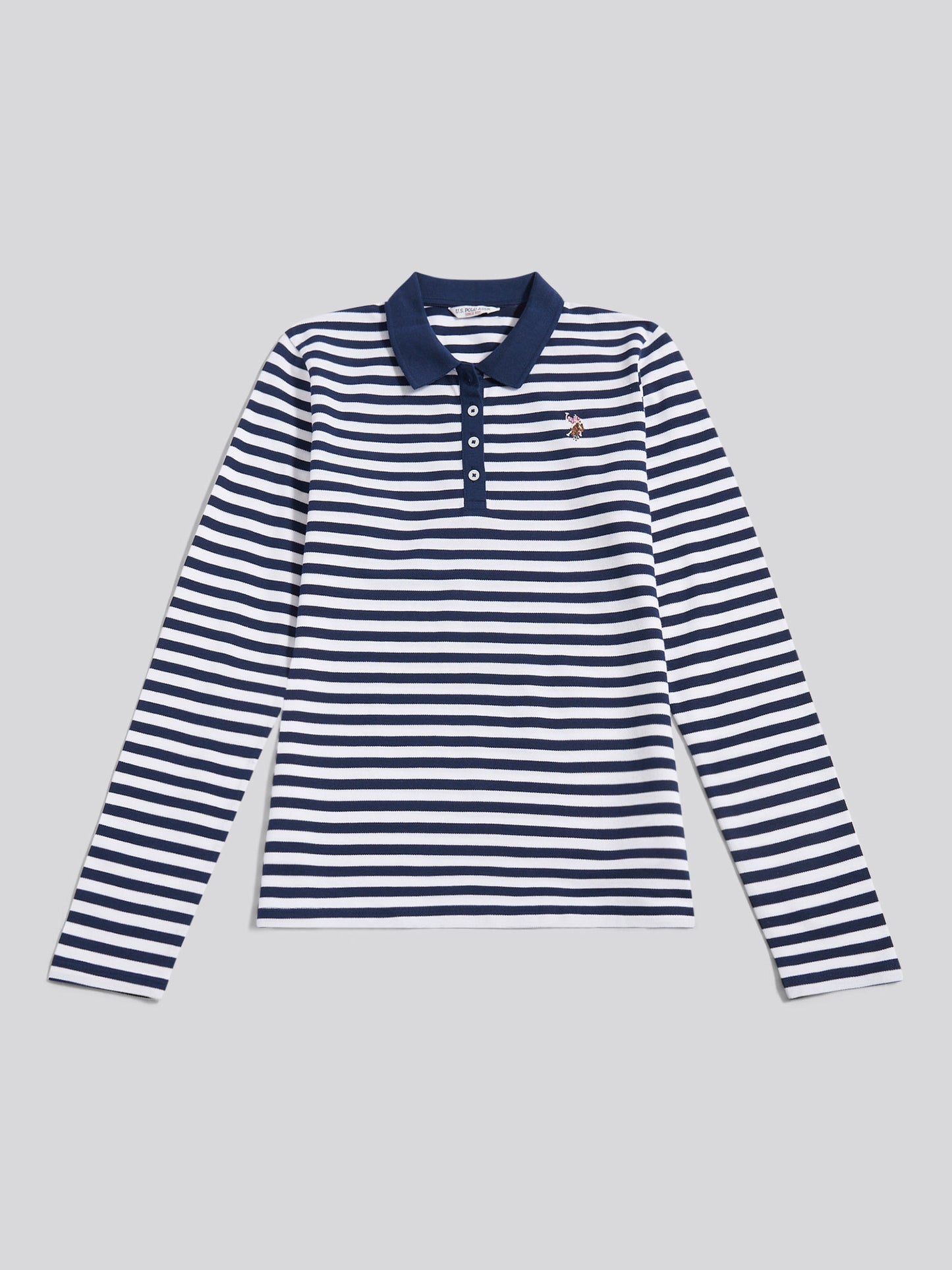 Womens Long Sleeve Stripe Contrast Collar Polo Shirt in Navy Iris
