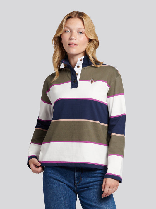 Womens Large Stripe Funnel Neck Rugby Shirt in Kalamata Green
