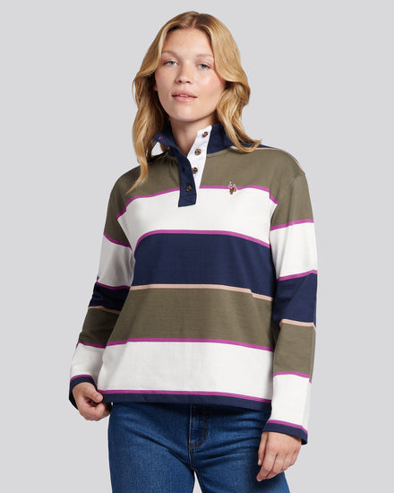Womens Large Stripe Funnel Neck Rugby Shirt in Kalamata Green