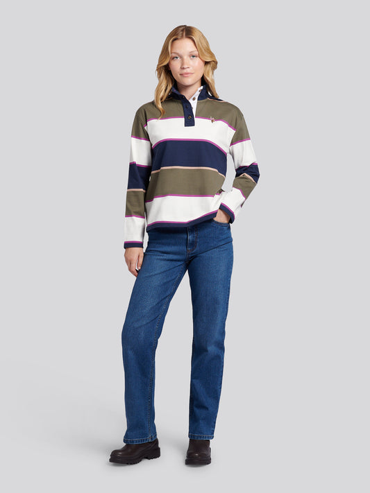 Womens Large Stripe Funnel Neck Rugby Shirt in Kalamata Green