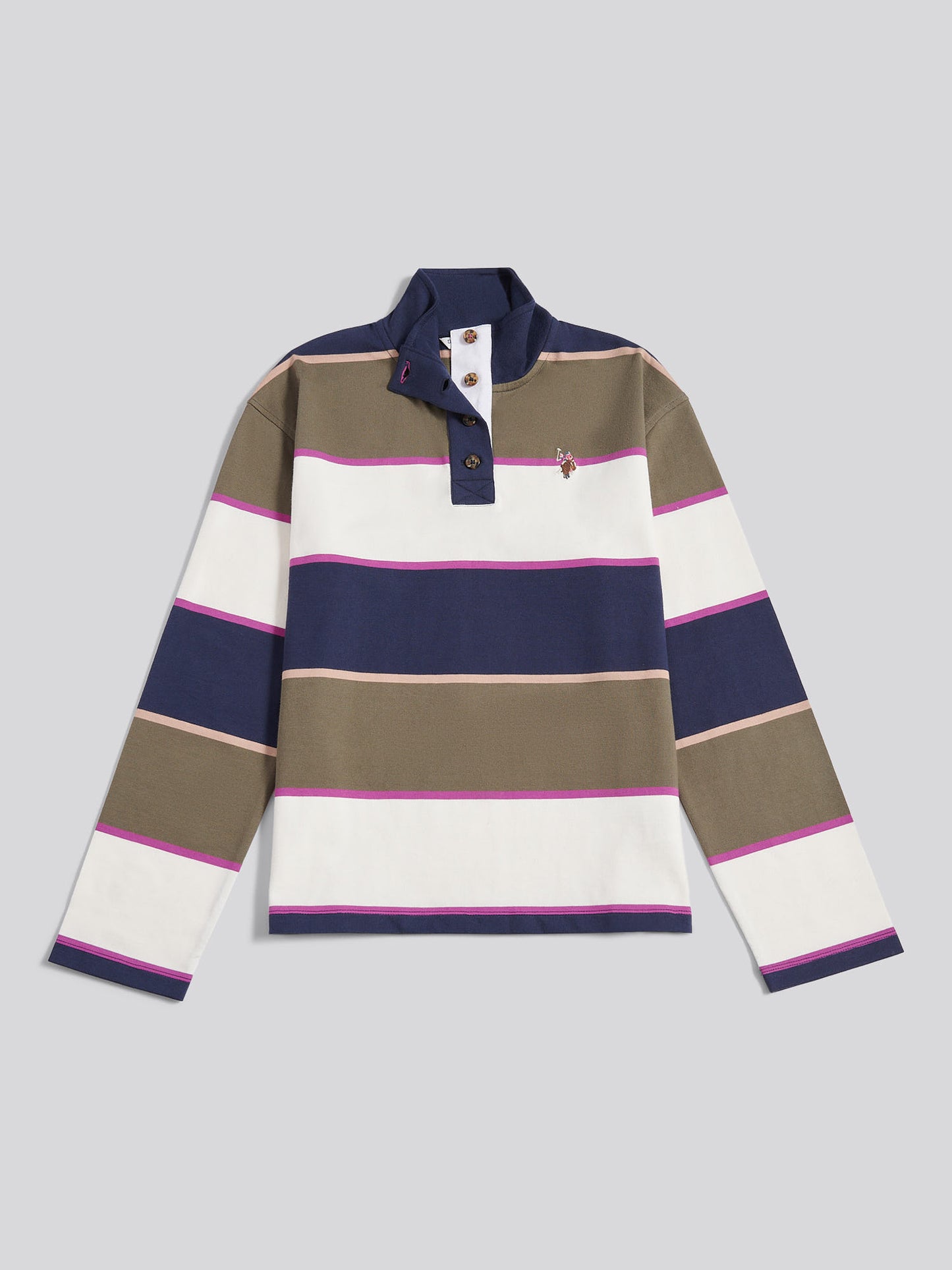 Womens Large Stripe Funnel Neck Rugby Shirt in Kalamata Green