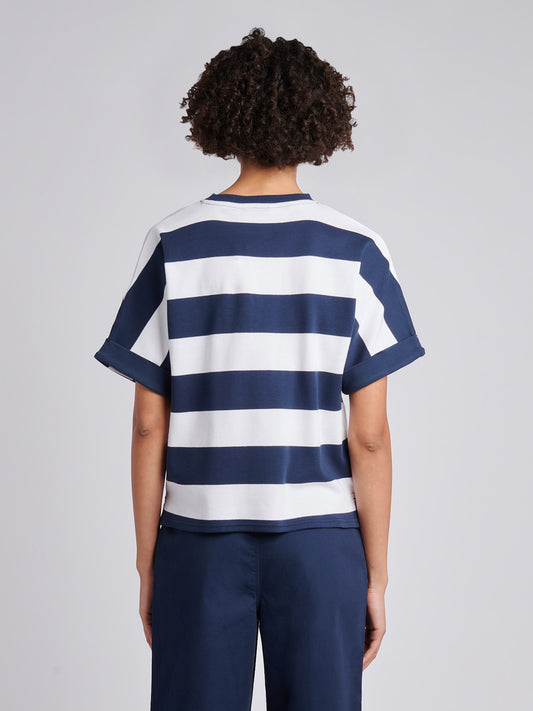 Womens Large Stripe Grown On Sleeve T-Shirt in Navy Iris