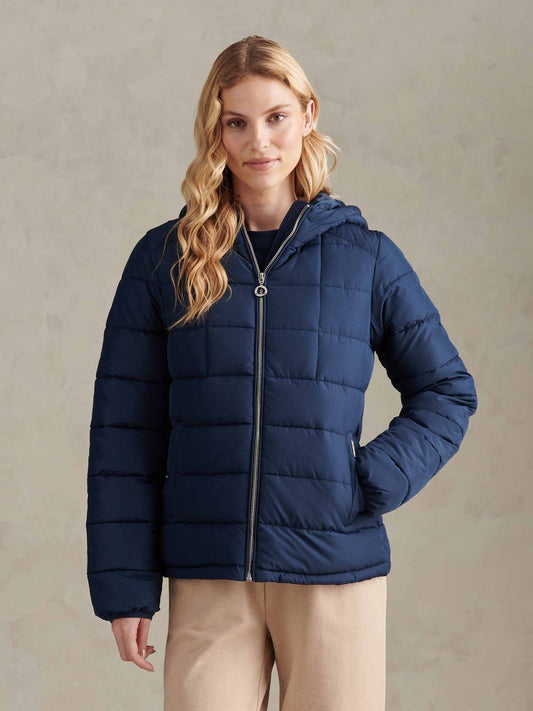 Womens Quilted Hooded Puffer Coat in Navy Iris