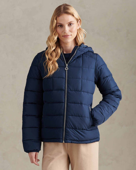 Womens Quilted Hooded Puffer Coat in Navy Iris