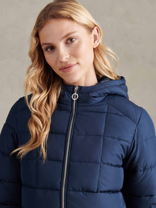 Womens Quilted Hooded Puffer Coat in Navy Iris