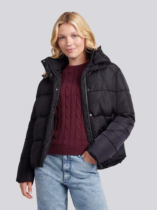 Womens Sateen Puffer Jacket in Black
