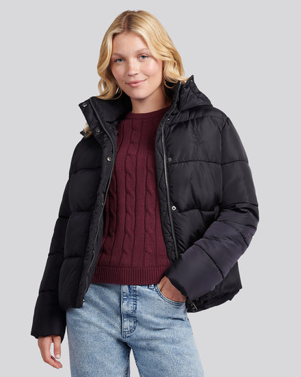 Womens Sateen Puffer Jacket in Black