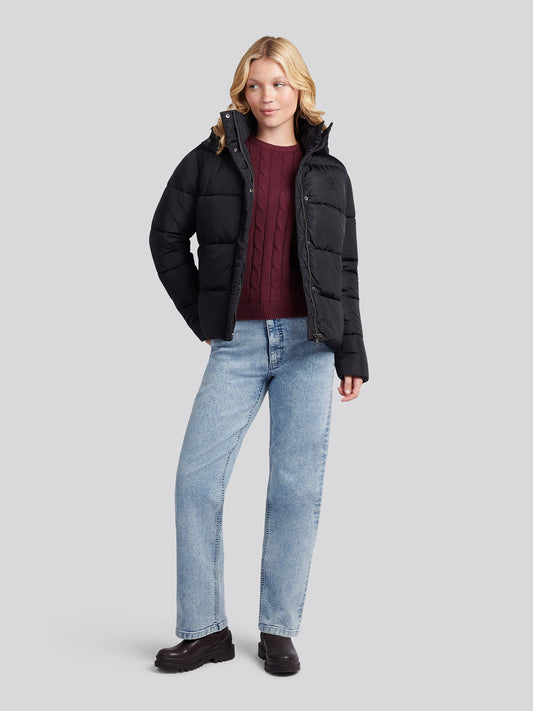 Womens Sateen Puffer Jacket in Black