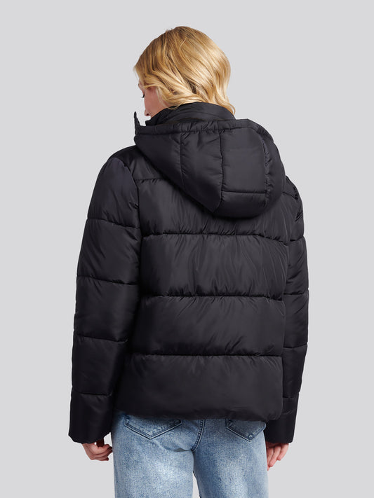 Womens Sateen Puffer Jacket in Black