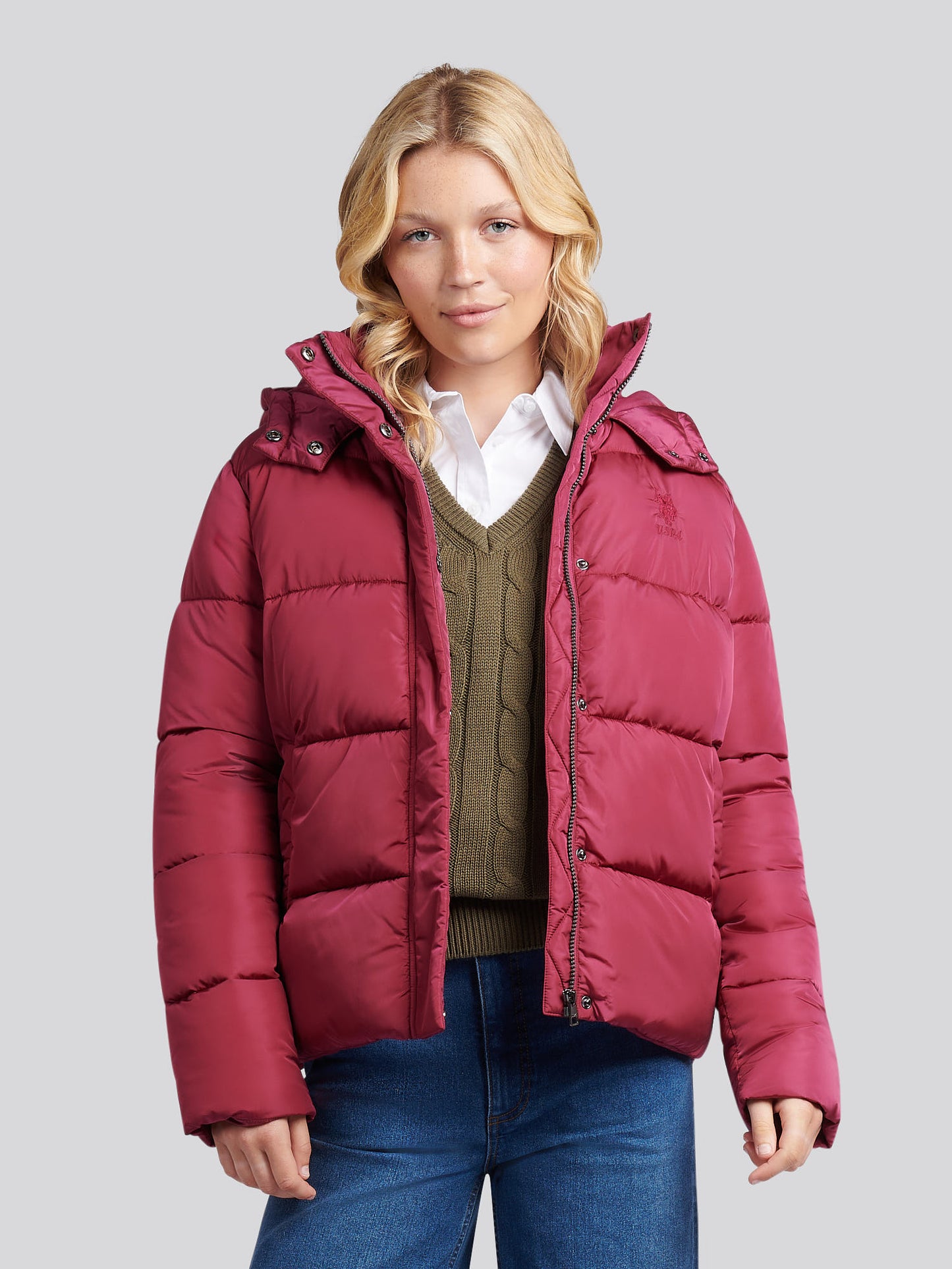 Womens Sateen Puffer Jacket in Beaujolais