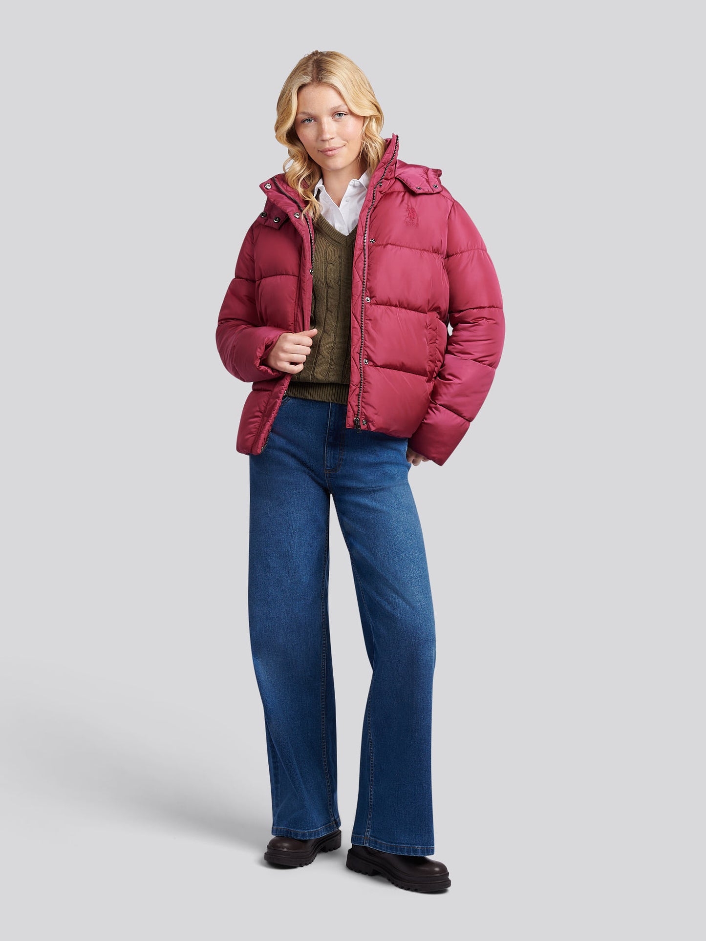 Womens Sateen Puffer Jacket in Beaujolais