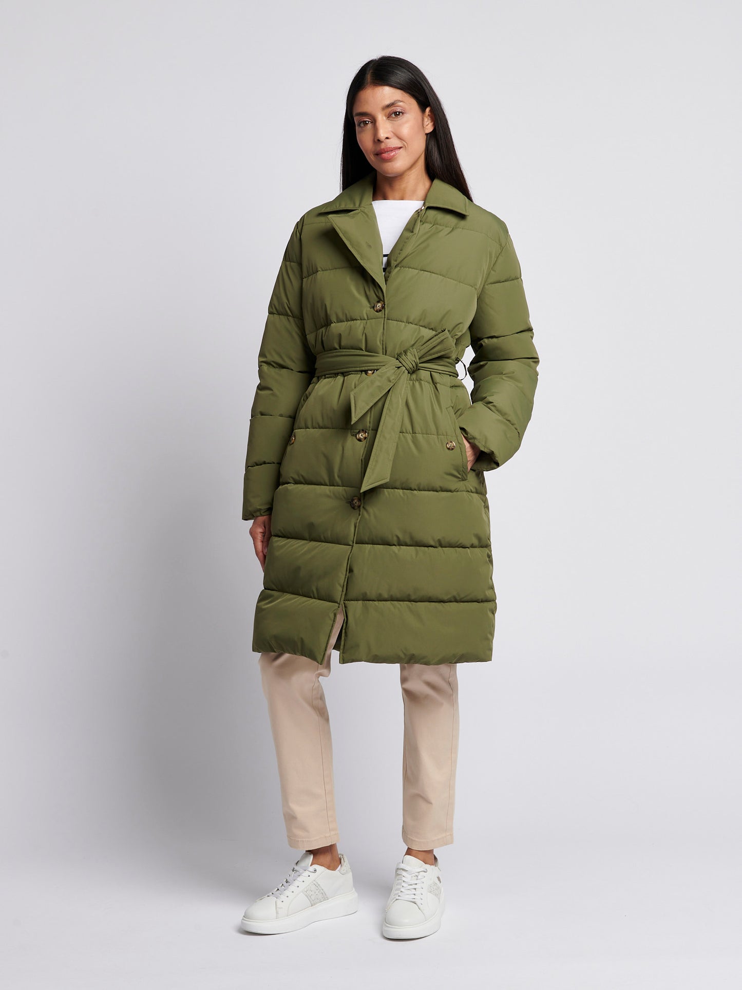 Womens Puffer Trench Coat in Kalamata Green
