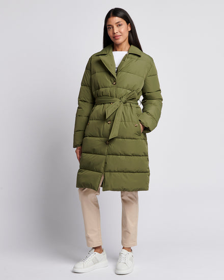 Womens Puffer Trench Coat in Kalamata Green