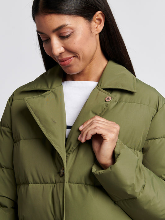 Womens Puffer Trench Coat in Kalamata Green