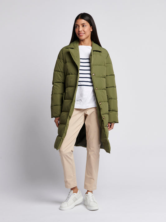 Womens Puffer Trench Coat in Kalamata Green