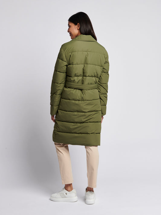 Womens Puffer Trench Coat in Kalamata Green