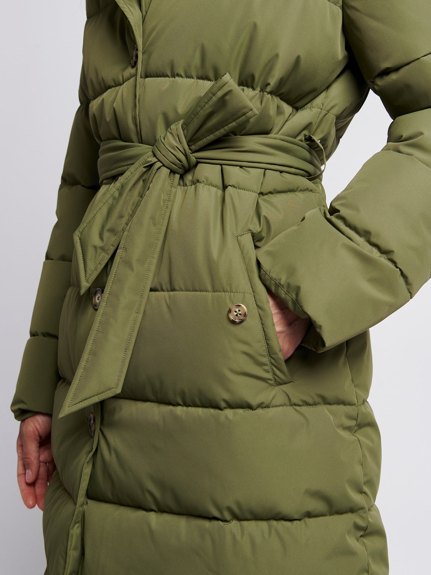 Womens Puffer Trench Coat in Kalamata Green