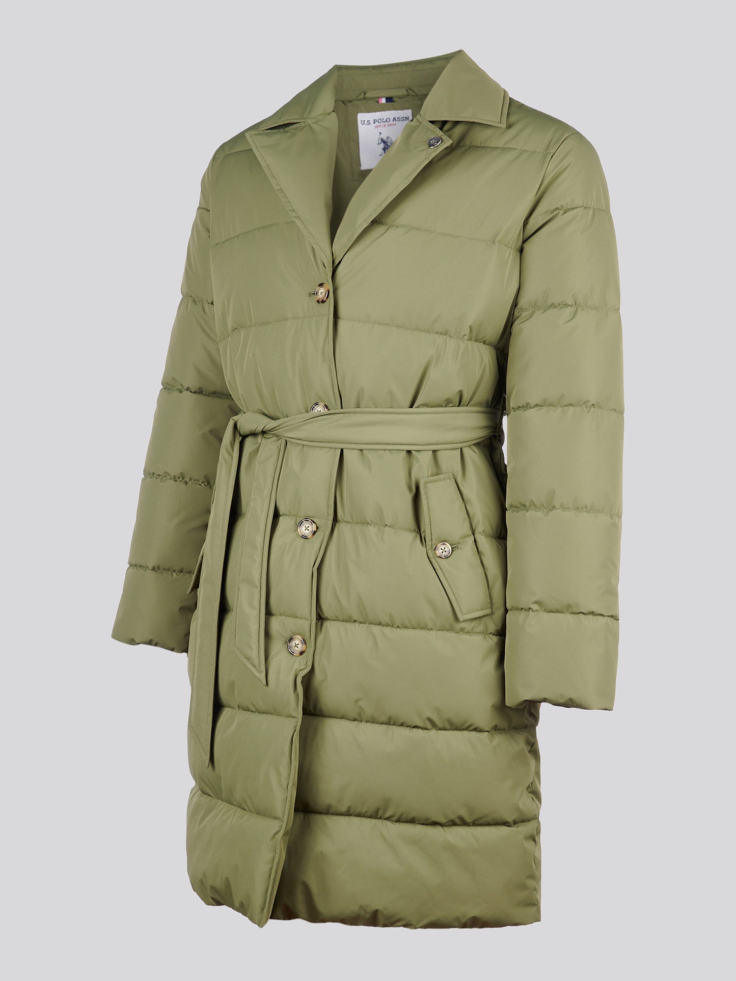 Womens Puffer Trench Coat in Kalamata Green