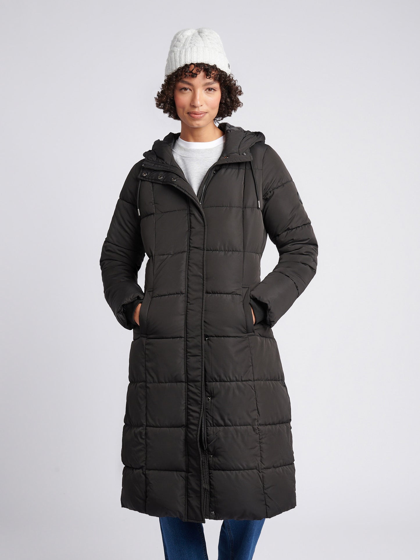 Womens Longline Square Quilt Puffer Coat in Black