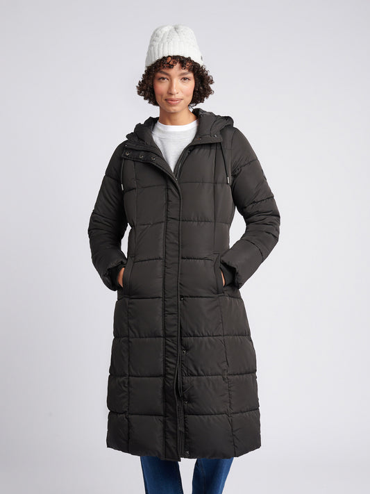 Womens Longline Square Quilt Puffer Coat in Black