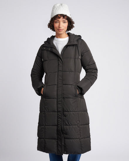 Womens Longline Square Quilt Puffer Coat in Black
