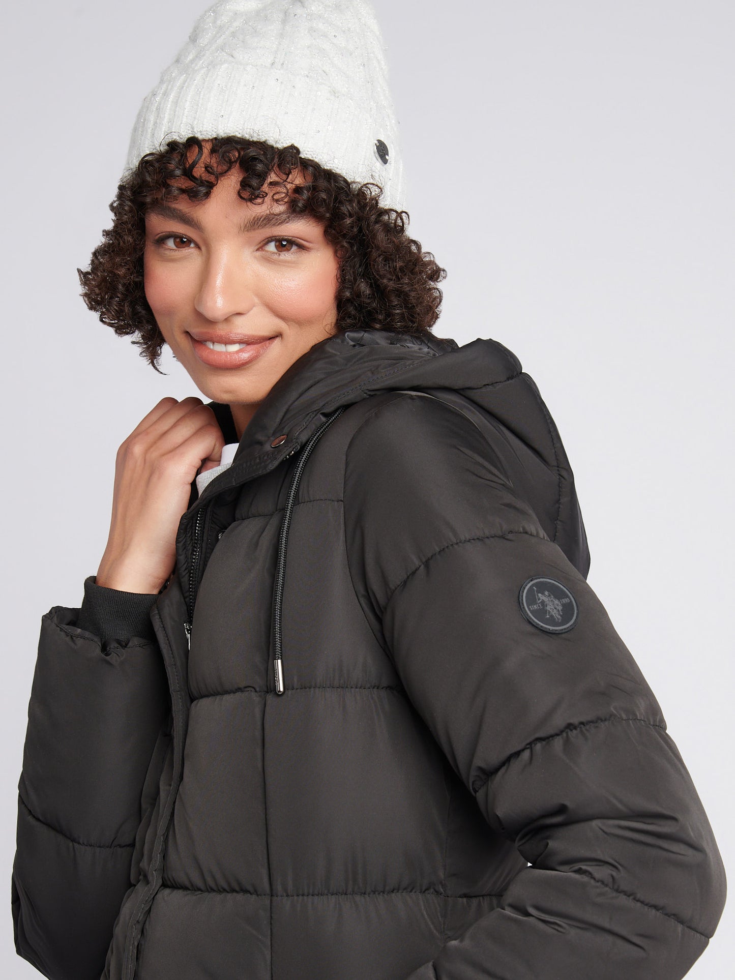 Womens Longline Square Quilt Puffer Coat in Black