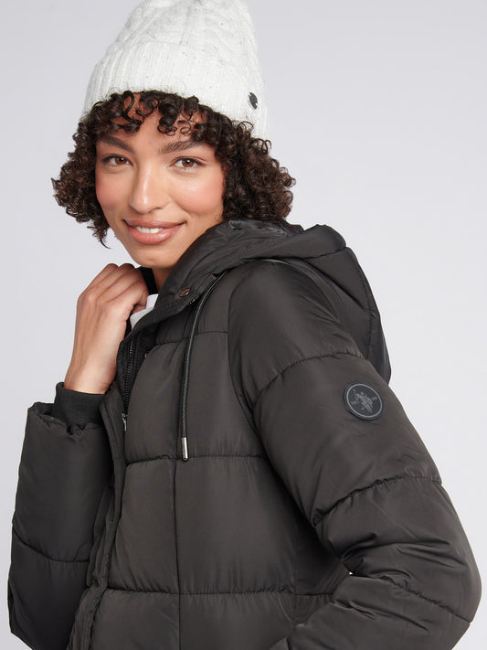 Womens Longline Square Quilt Puffer Coat in Black
