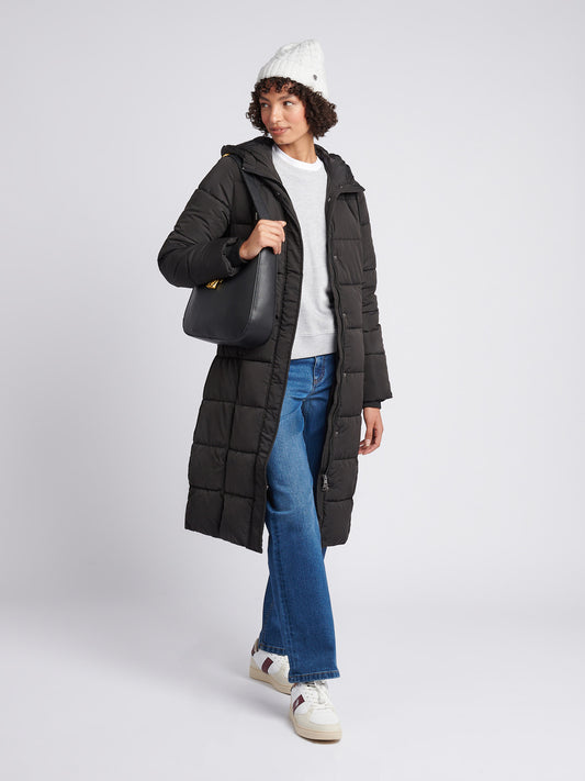 Womens Longline Square Quilt Puffer Coat in Black
