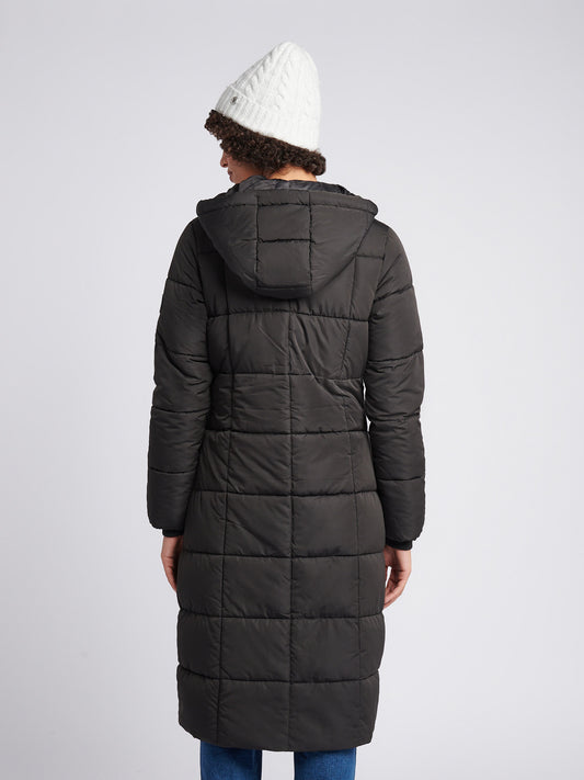 Womens Longline Square Quilt Puffer Coat in Black