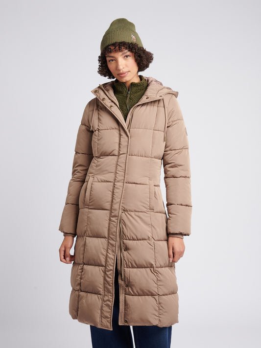 Womens Longline Square Quilt Puffer Coat in Leafless Tree