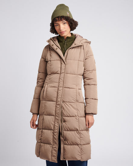 Womens Longline Square Quilt Puffer Coat in Leafless Tree