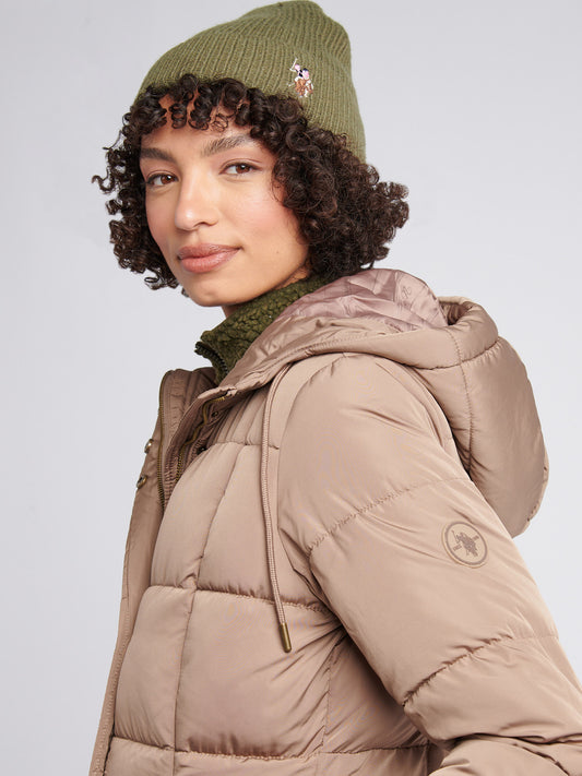 Womens Longline Square Quilt Puffer Coat in Leafless Tree