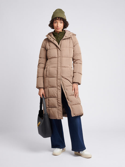 Womens Longline Square Quilt Puffer Coat in Leafless Tree