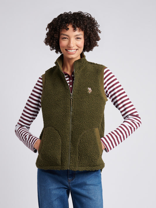 Womens Double Horsemen Borg Gilet in Kalamata Green