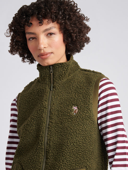 Womens Double Horsemen Borg Gilet in Kalamata Green