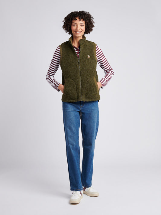 Womens Double Horsemen Borg Gilet in Kalamata Green