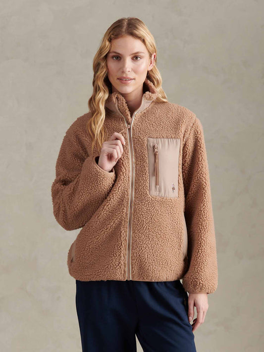 Womens Double Horsemen Borg Zip Funnel in Natural