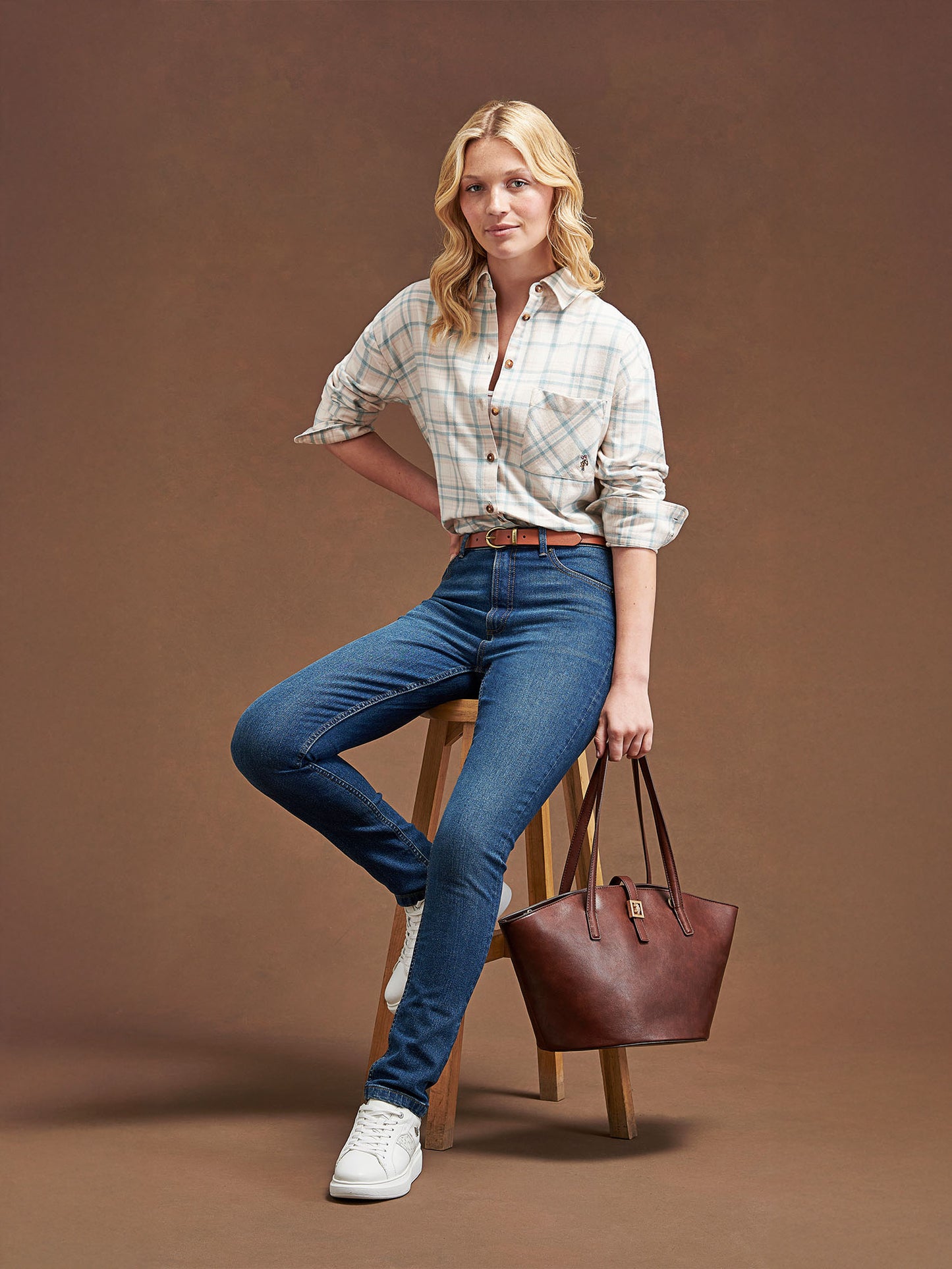 Womens Herringbone Check Pocketed Shirt in Natural