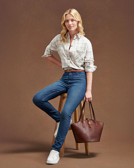 Womens Herringbone Check Pocketed Shirt in Natural