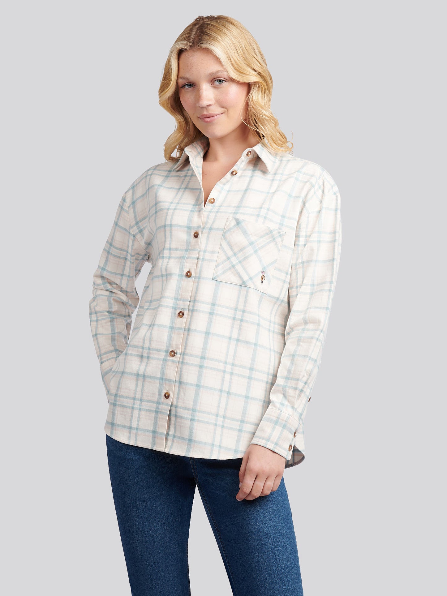 Womens Herringbone Check Pocketed Shirt in Natural