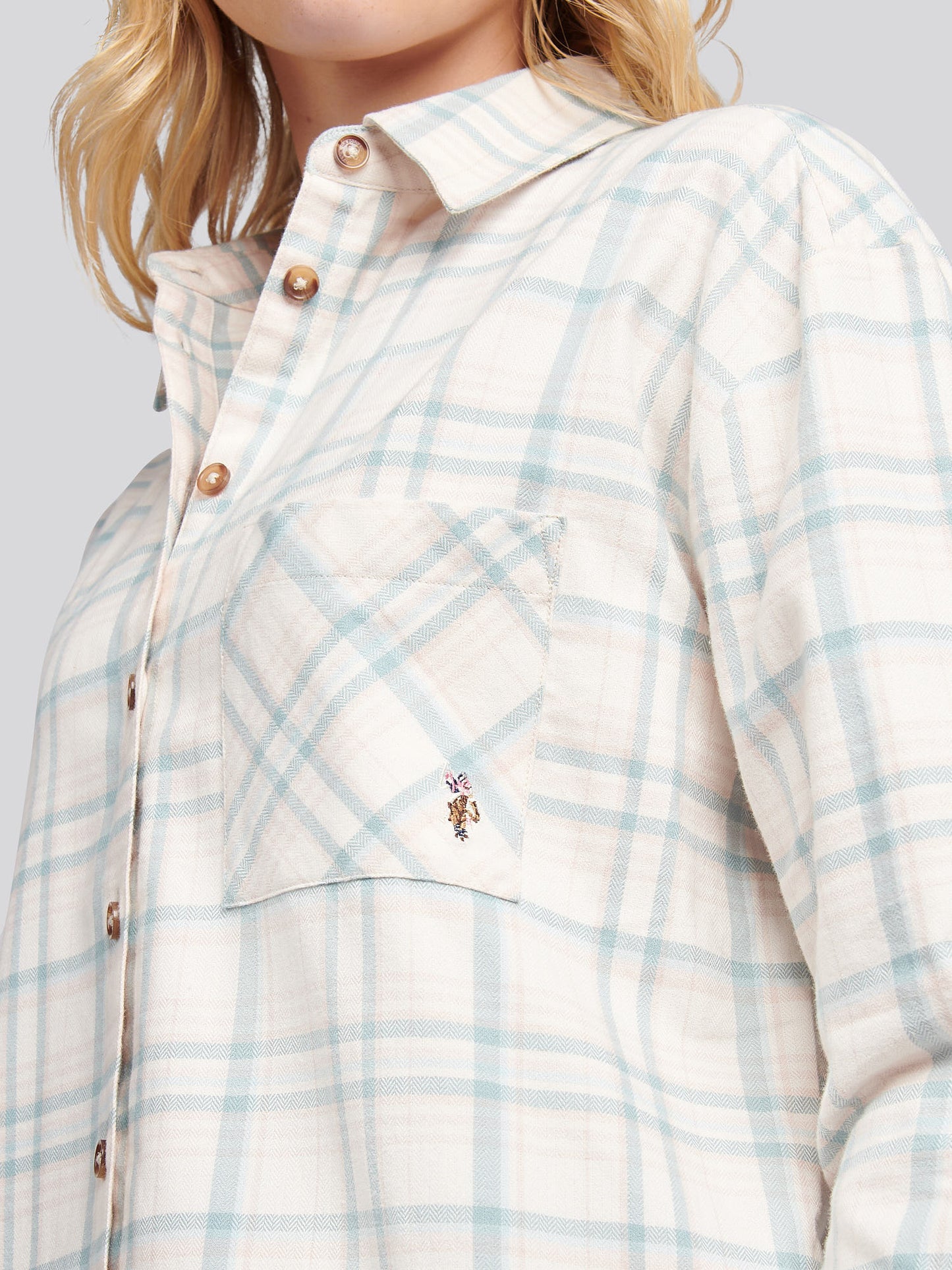 Womens Herringbone Check Pocketed Shirt in Natural