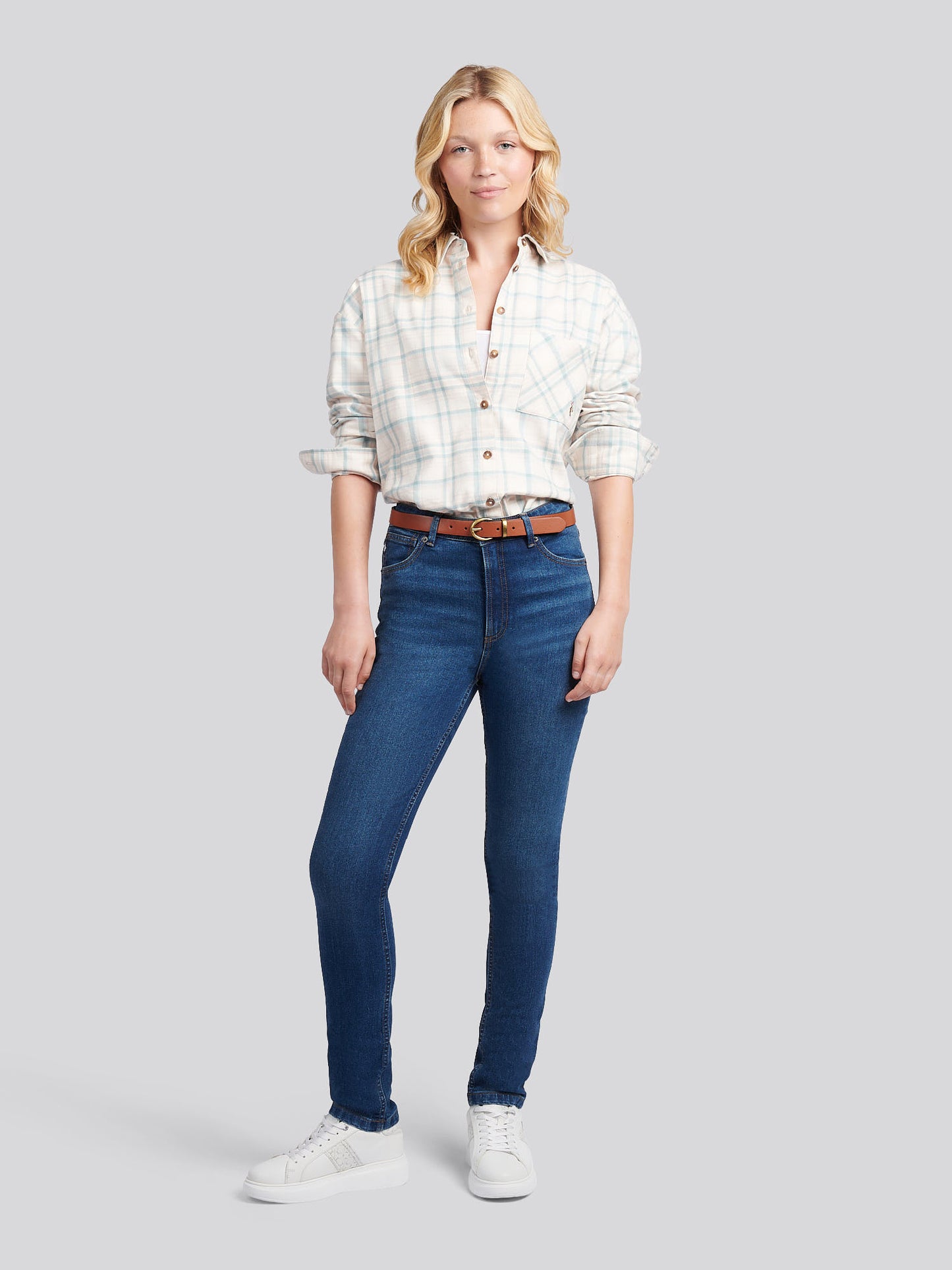 Womens Herringbone Check Pocketed Shirt in Natural