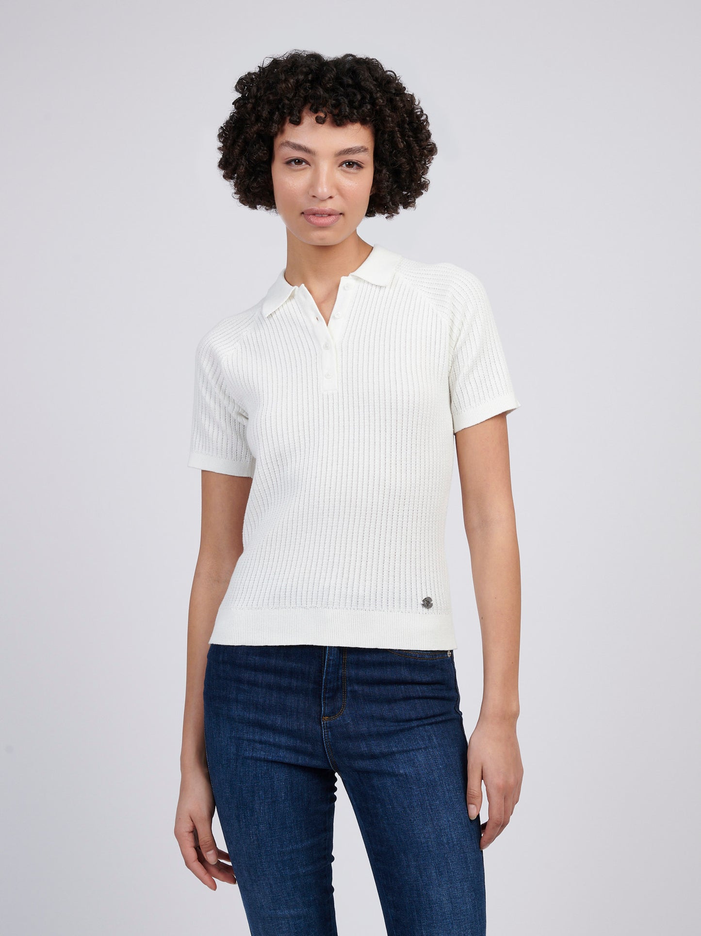 Womens Vertical Texture Stripe Knit Polo in Marshmallow