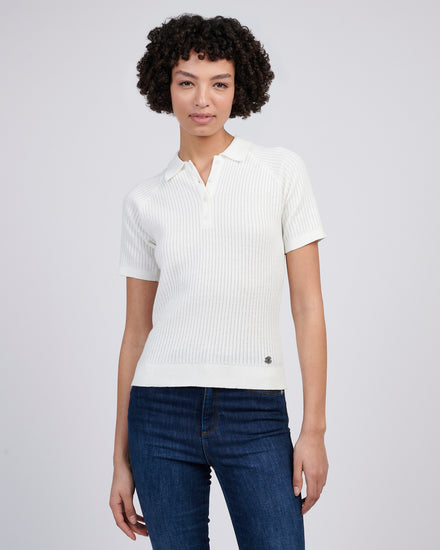 Womens Vertical Texture Stripe Knit Polo in Marshmallow