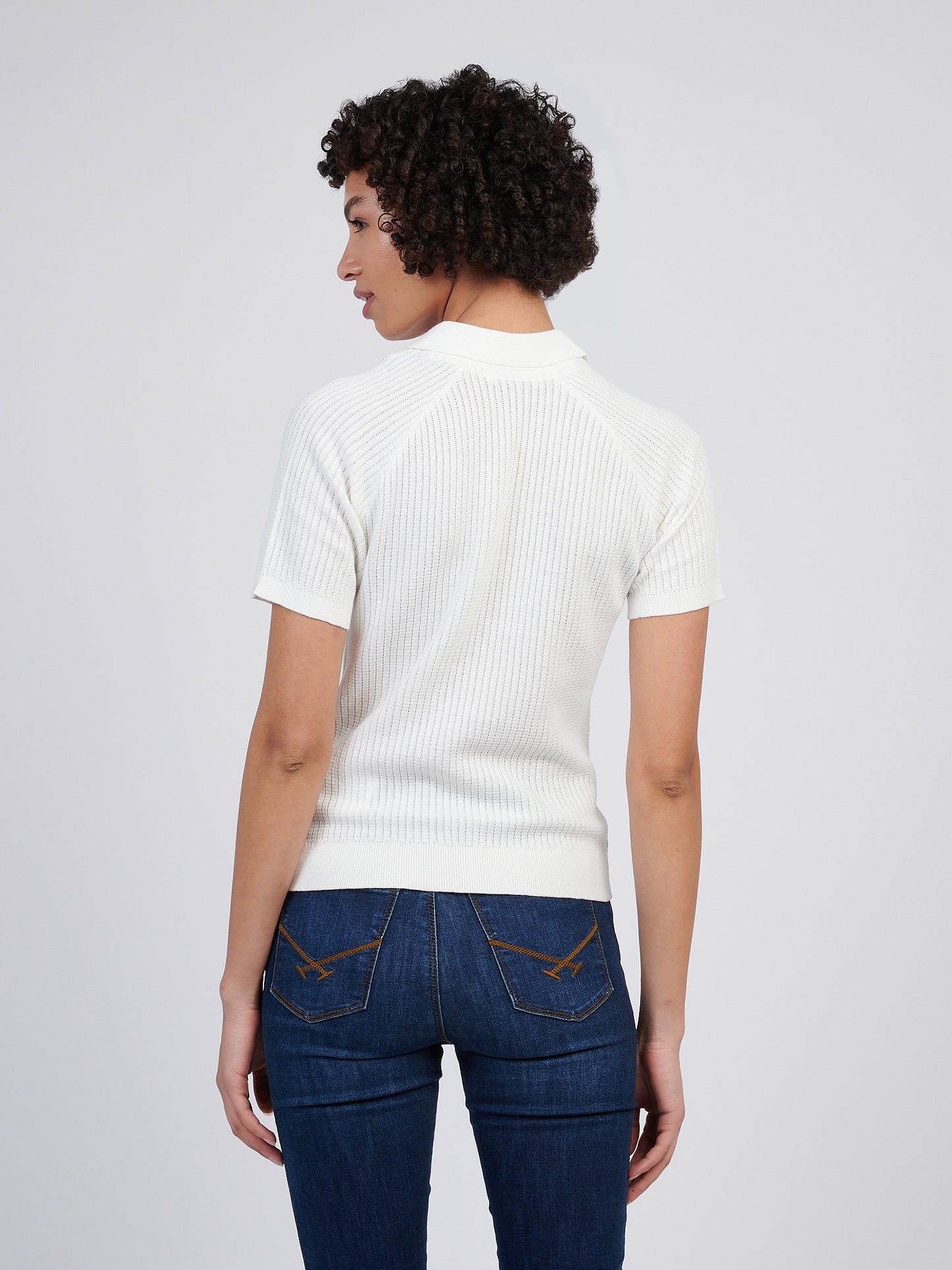 Womens Vertical Texture Stripe Knit Polo in Marshmallow