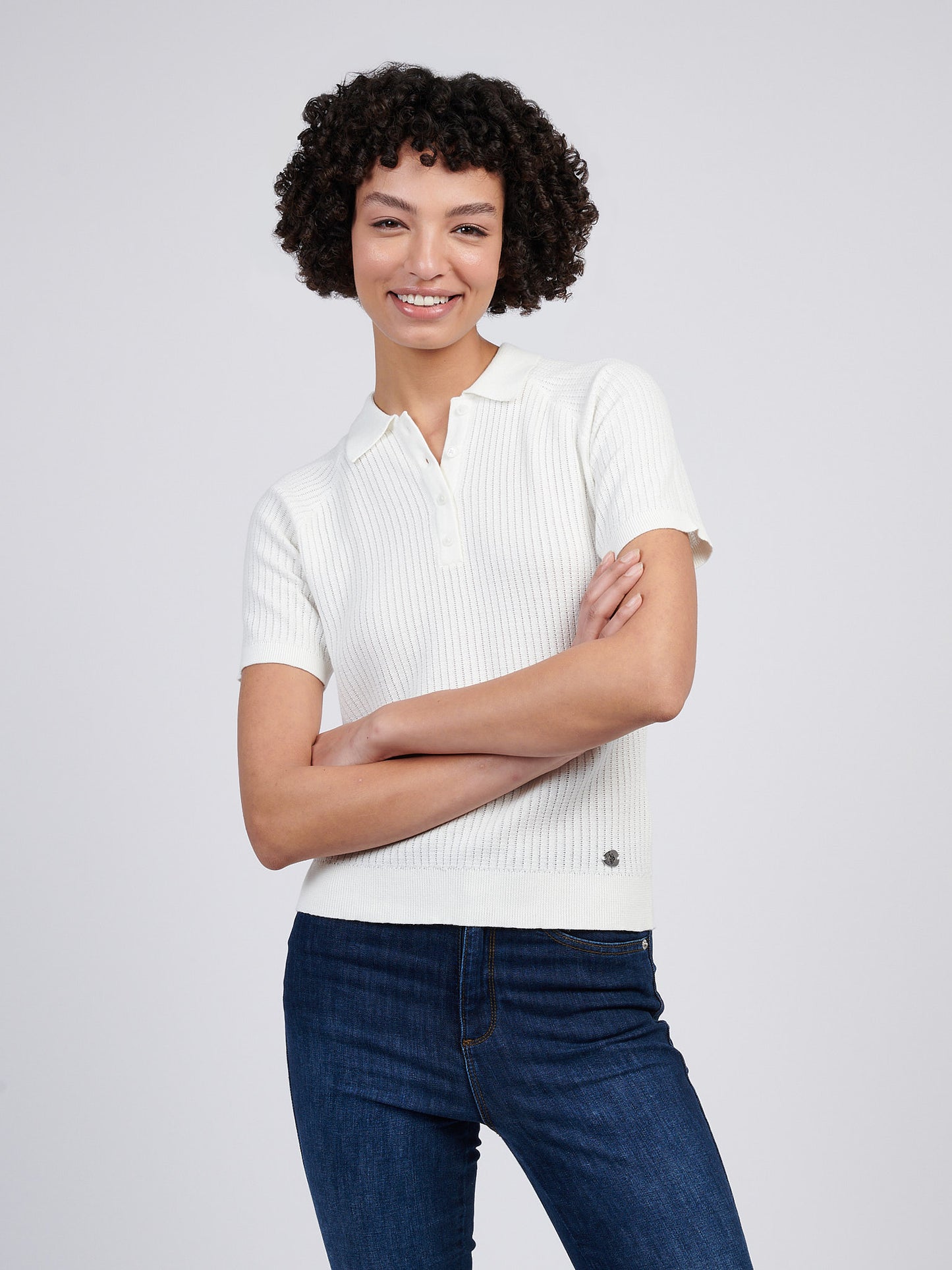 Womens Vertical Texture Stripe Knit Polo in Marshmallow