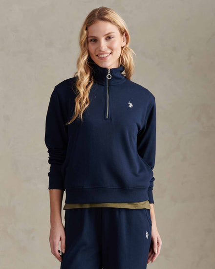 Womens Double Horsemen ¼ Zip Sweat in Navy Iris