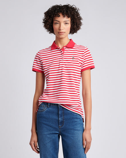 Womens Contrast Collar Stripe Polo Shirt in Jalapeno Red